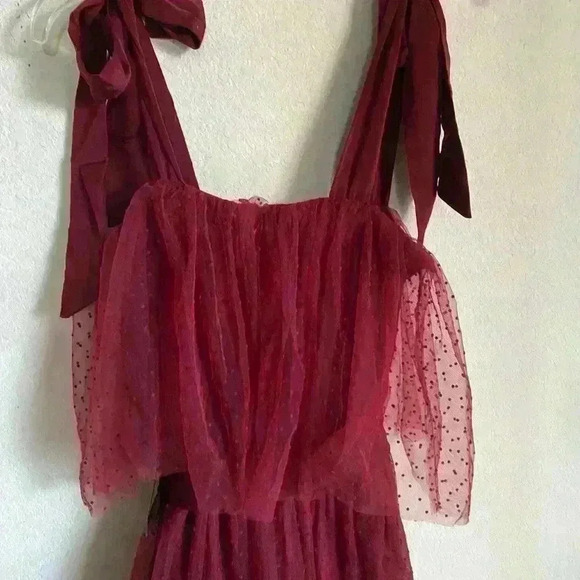 Lulu’s Lovely Influence Wine Red Tulle Swiss Dot Tie-Strap Coquette Midi Dress L - Picture 7 of 13